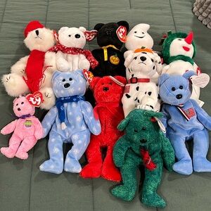 10 full size Ty beanie babies, one mini ornament.